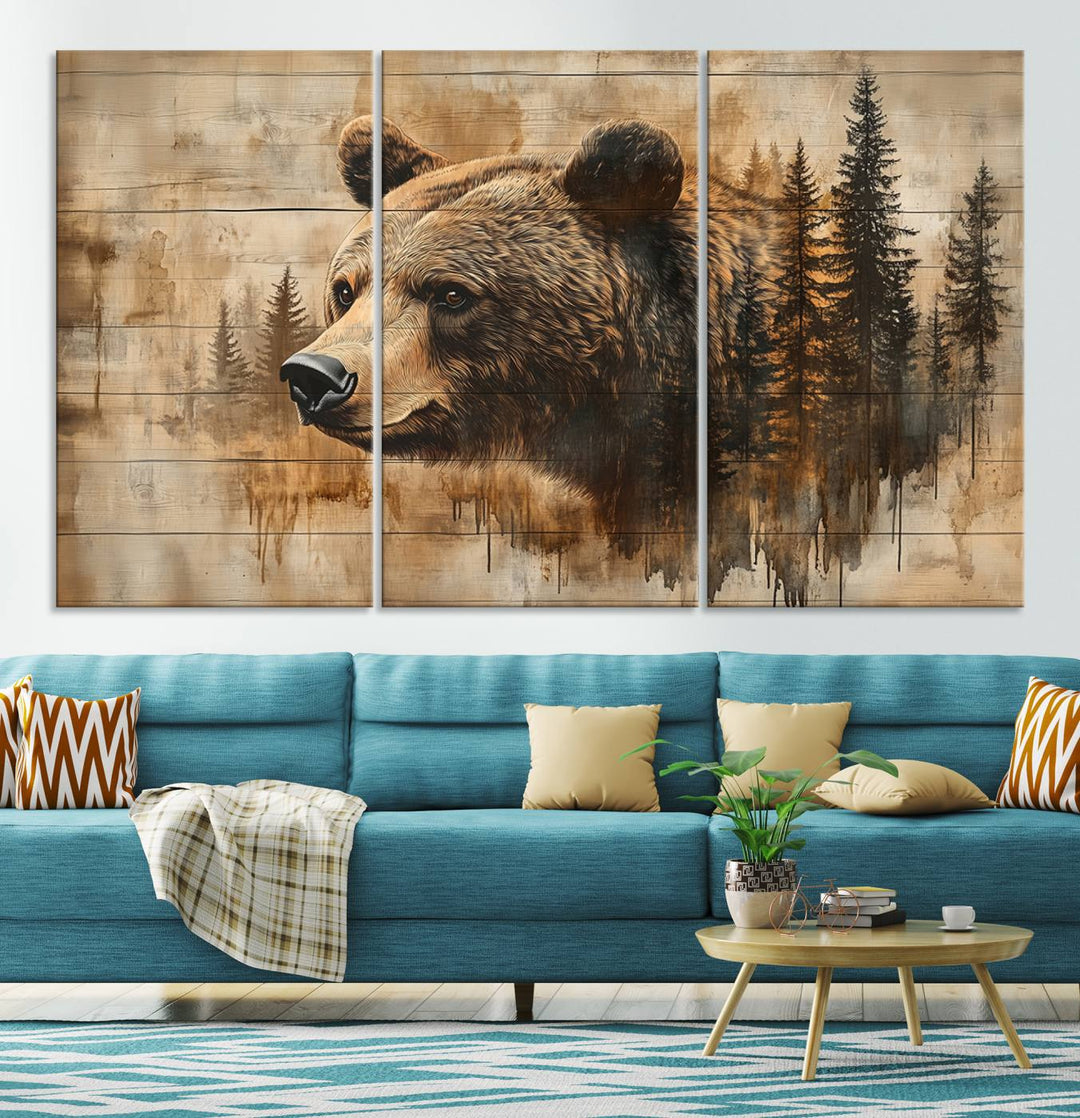 Abstract Rustic Grizzly Bear Wall Art Canvas Print - Woodland Wildlife Forest Print for Farmhouse Decor