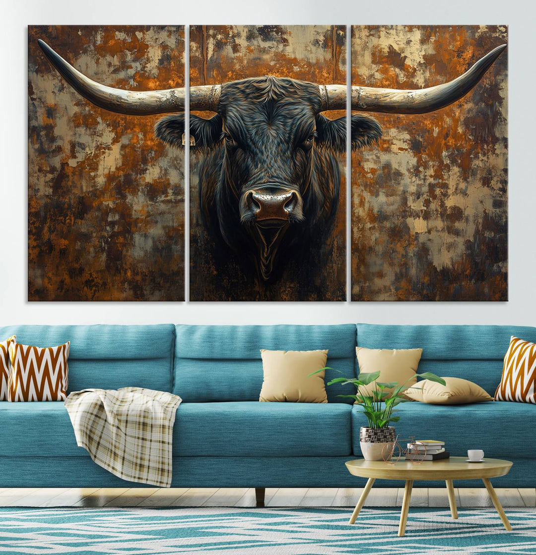 Abstract Longhorn Texas Bull Wall Art | Rustic Farmhouse Canvas Print | Ready to Hang Barn Decor for Farmhouse and Cabin Style