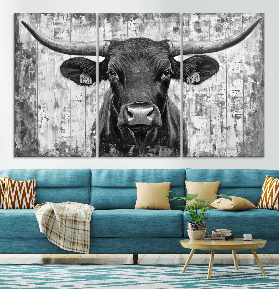 Abstract Longhorn Bull Wall Art Canvas Print - Rustic Texas Western Cow Artwork