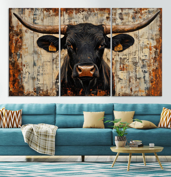 Abstract Cow Longhorn Bull Wall Art Canvas Print - Rustic Texas Western Cattle Artwork