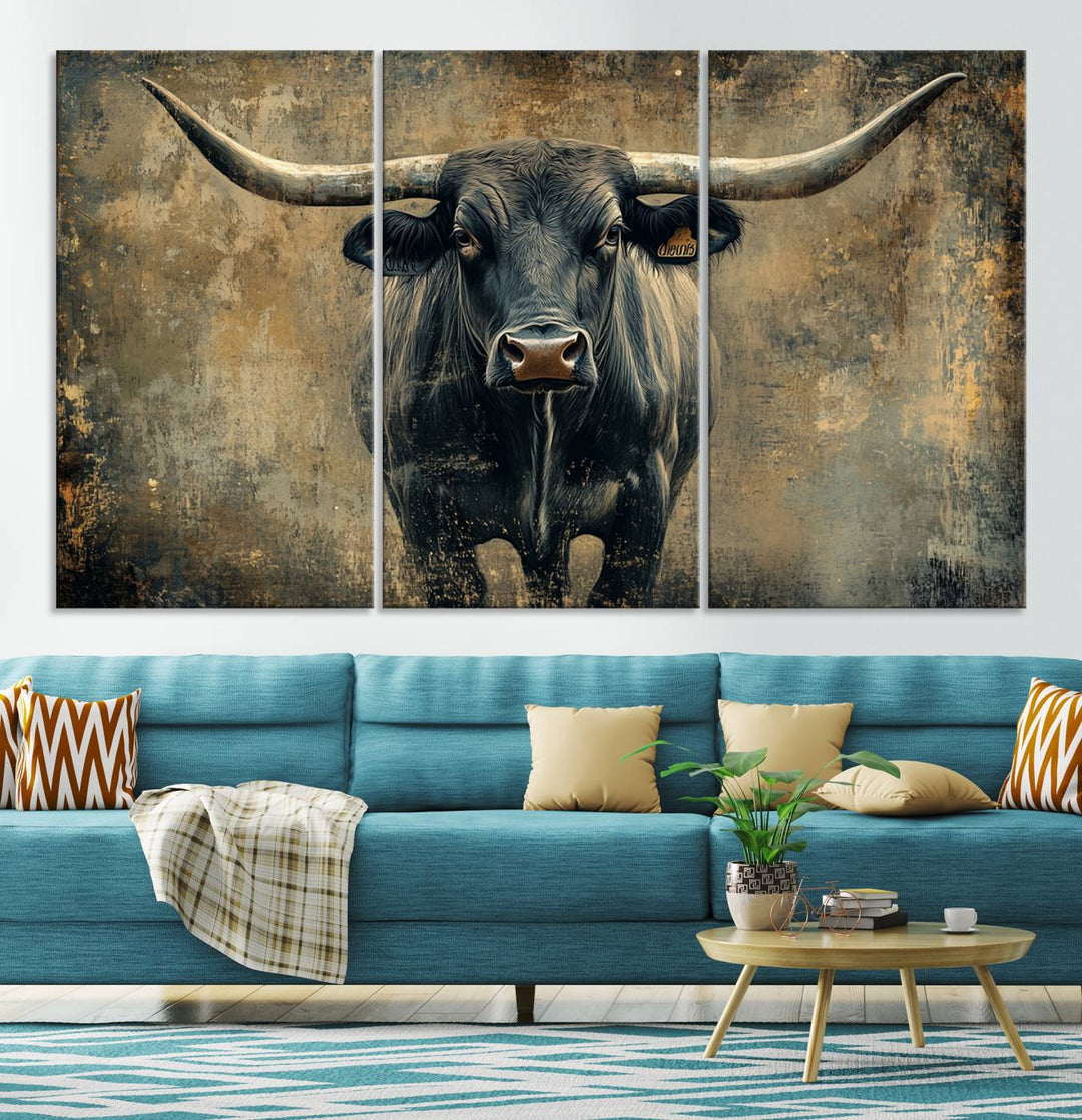 Abstract Cow Longhorn Bull Wall Art Canvas Print - Rustic Texas Western Cattle Artwork