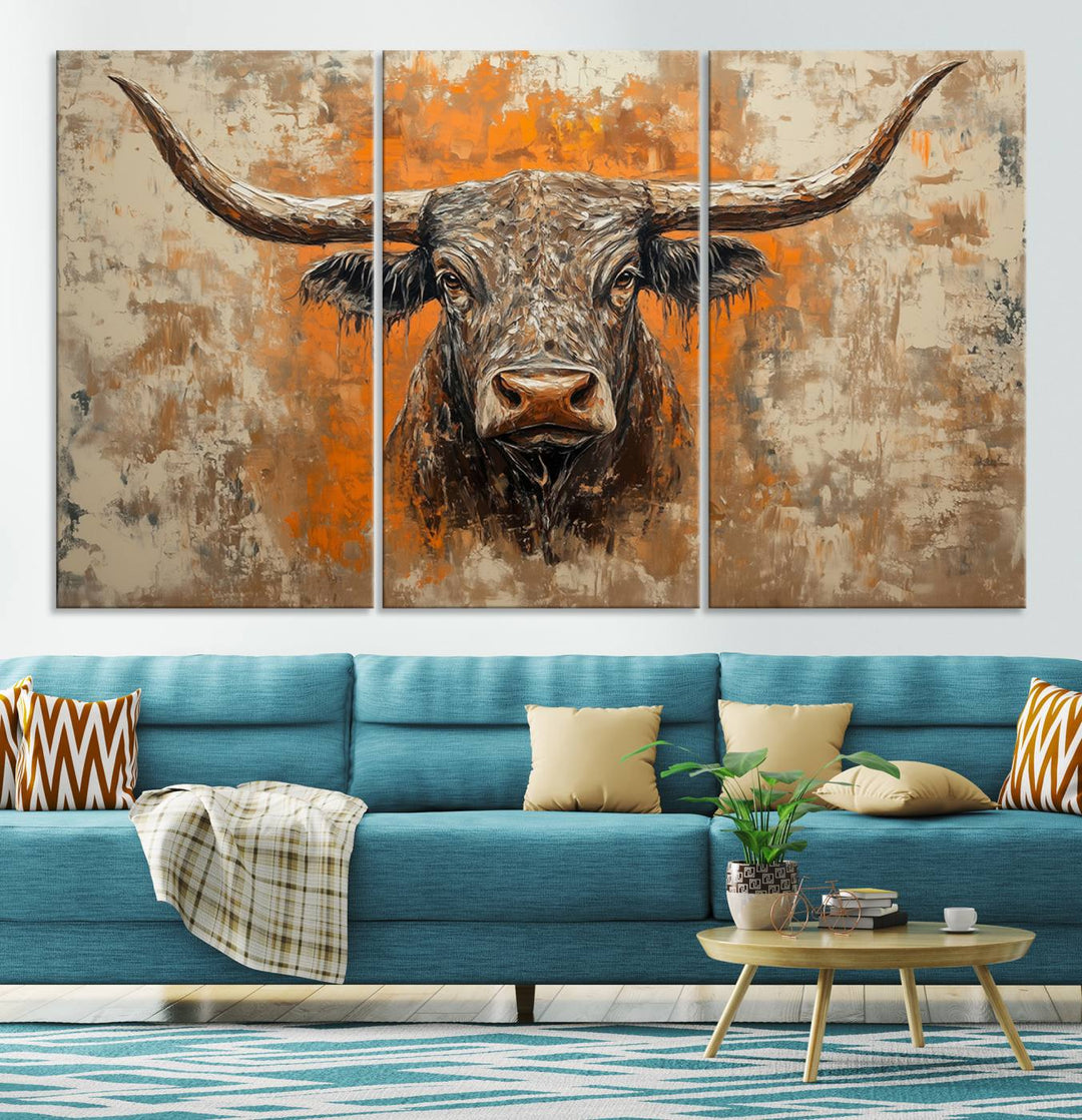 Abstract Cow Longhorn Bull Wall Art Canvas Print - Rustic Texas Western Cattle Artwork