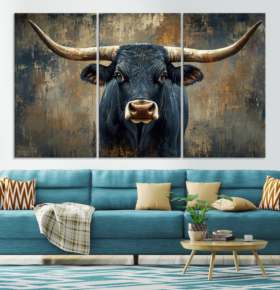 Abstract Cow Longhorn Bull Wall Art Canvas Print - Rustic Texas Western Cattle Artwork