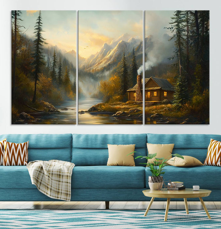 Wood Cabin Retreat Mountain at Sunset Wall Art Print - Serene Forest and River Landscape Wall Art Canvas Print