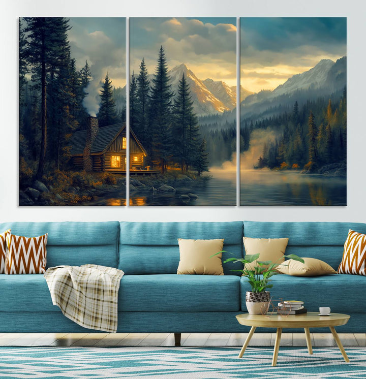 Mountain Cabin by the Lake at Sunset Wall Art - Serene Nature Canvas Print for Living Room Decor, Rustic Lodge Ambiance, 3-Panel Large Wall Art