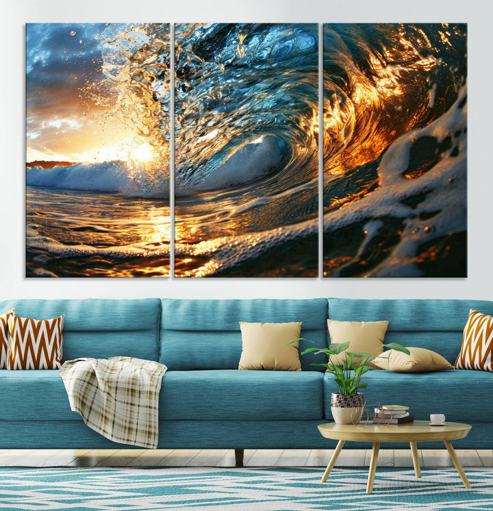 Ocean Wave at Sunset Wall Art | Ready to Hang Triptych Canvas Print | Coastal Wall Art for Living Room | Nautical and Beach House Decor