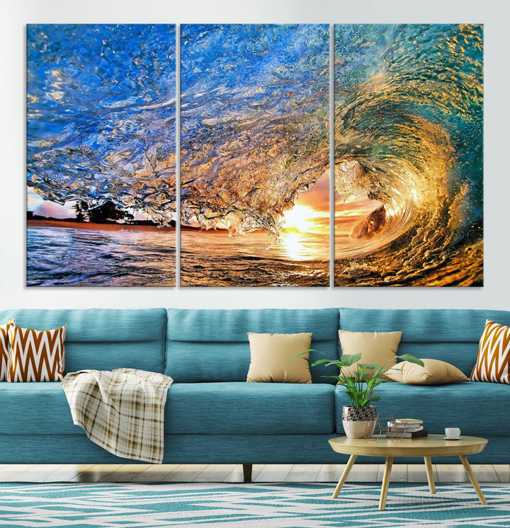 Ocean Wave at Sunset Canvas Print | Large Coastal Ocean Wall Art Print | Vibrant Beach Waves Art Print | Surf Lover Gift | Nautical Decor