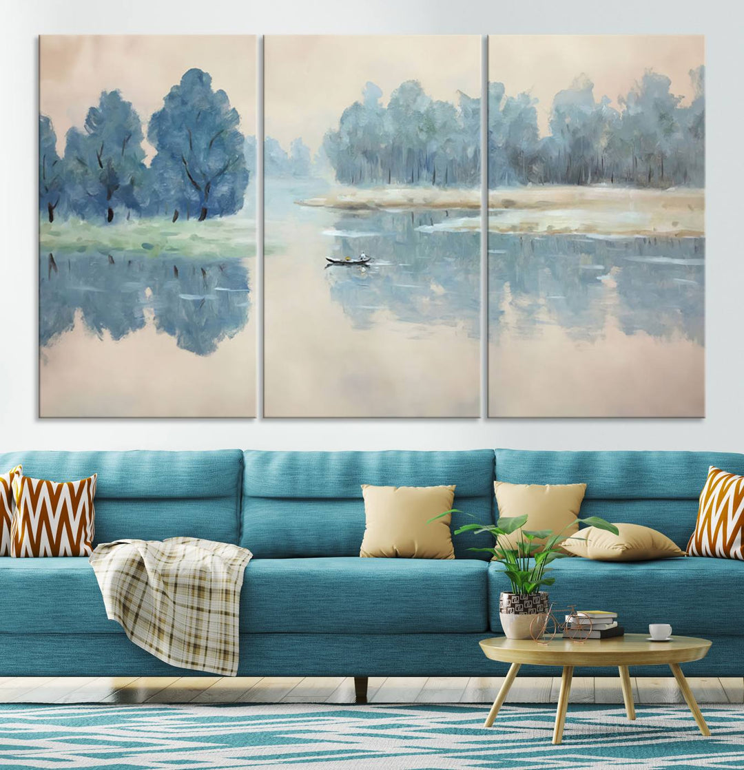 Landscape Printing Lake and Boat Scene | Serene Landscape Wall Art for Nature Lovers | Ready to Hang Triptych Canvas Print | Peaceful Blue Trees and Water Reflection Decor