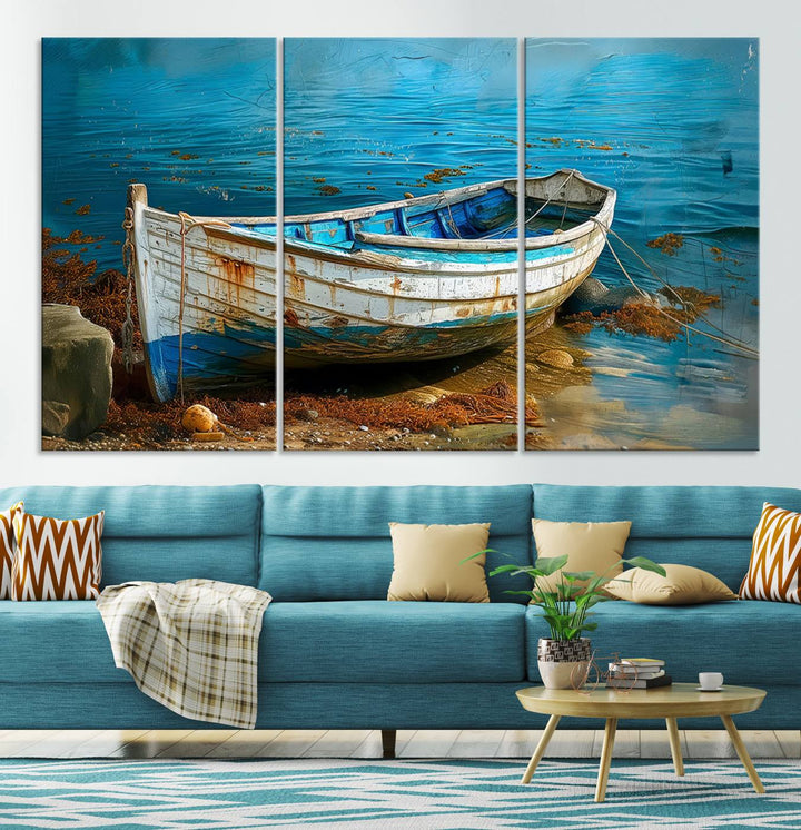 Vintage Boat on Tranquil Waters | Coastal Wall Art for Nautical Decor | Rustic Triptych Canvas Print | Beach House Art for Coastal Home Decor