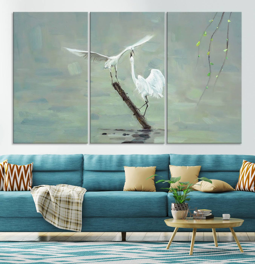 Elegant White Herons on Calm Waters | Coastal Wall Art for Nature-Inspired Decor | Serene Triptych Canvas Print | Ready to Hang Bird-Themed Art for Home Decor