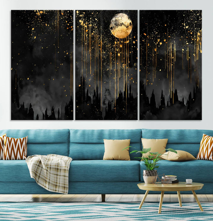 Gold Moon and Black Skyline Abstract Wall Art | Dark Modern Canvas Print with Dripping Gold Accents | Triptych Contemporary Homes