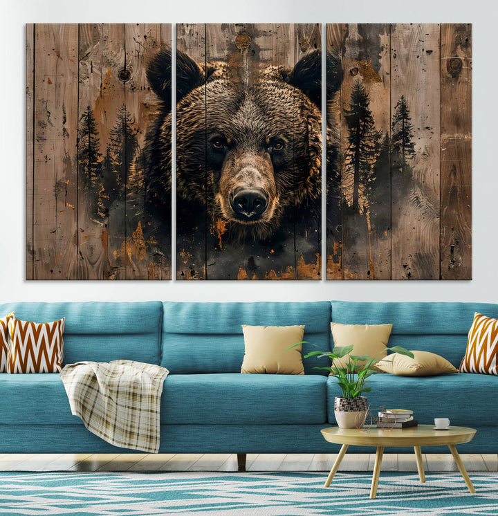 Rustic Bear Wall Art | Triptych Canvas Print | Rustic Cabin Wall Decor | Forest-Inspired Animal Art | Perfect for Farmhouse or Woodland Print