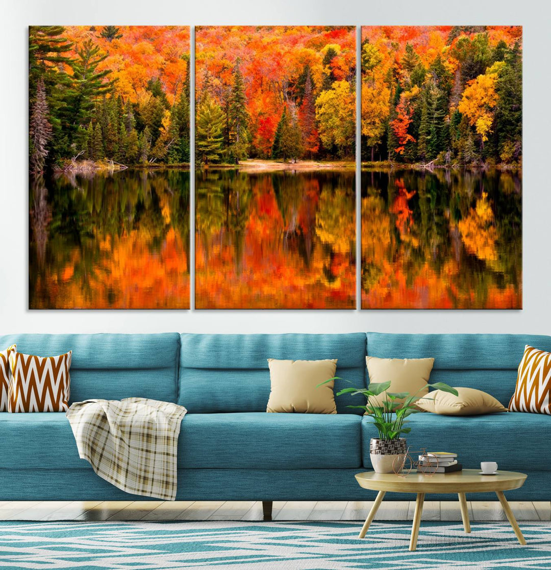 Autumn Forest Reflection Wall Art | Triptych Canvas Print | Vibrant Fall Foliage Wall Decor | Nature-Inspired Cabin Wall Art for Living Room