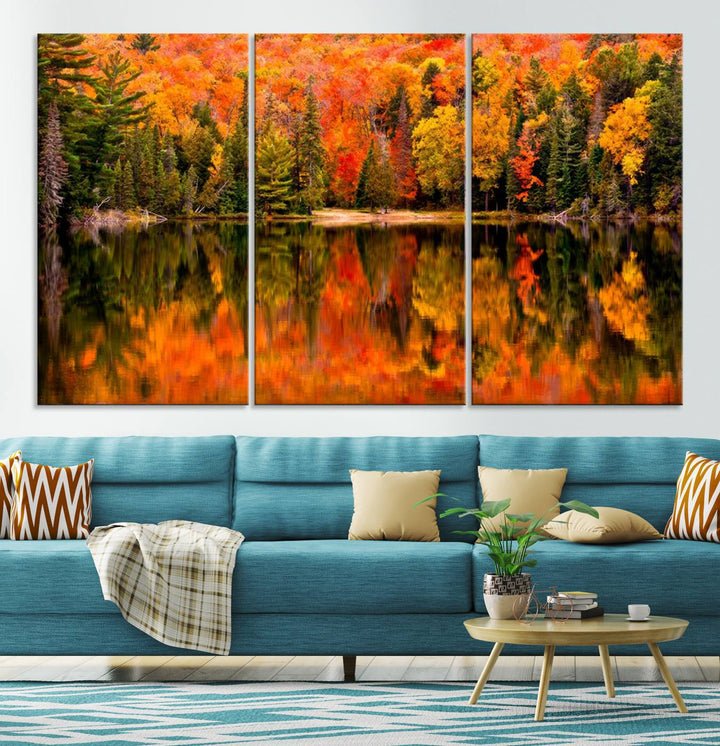 Autumn Forest Reflection Wall Art | Triptych Canvas Print | Vibrant Fall Foliage Wall Decor | Nature-Inspired Cabin Wall Art for Living Room