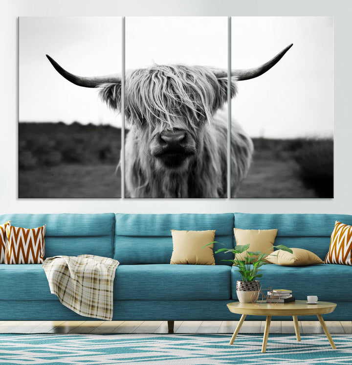 Highland Cow Wall Art | Black and White Farmhouse Decor | Ready to Hang Triptych Canvas Print | Rustic Barn Decor | Scottish Highland Cattle Art Print