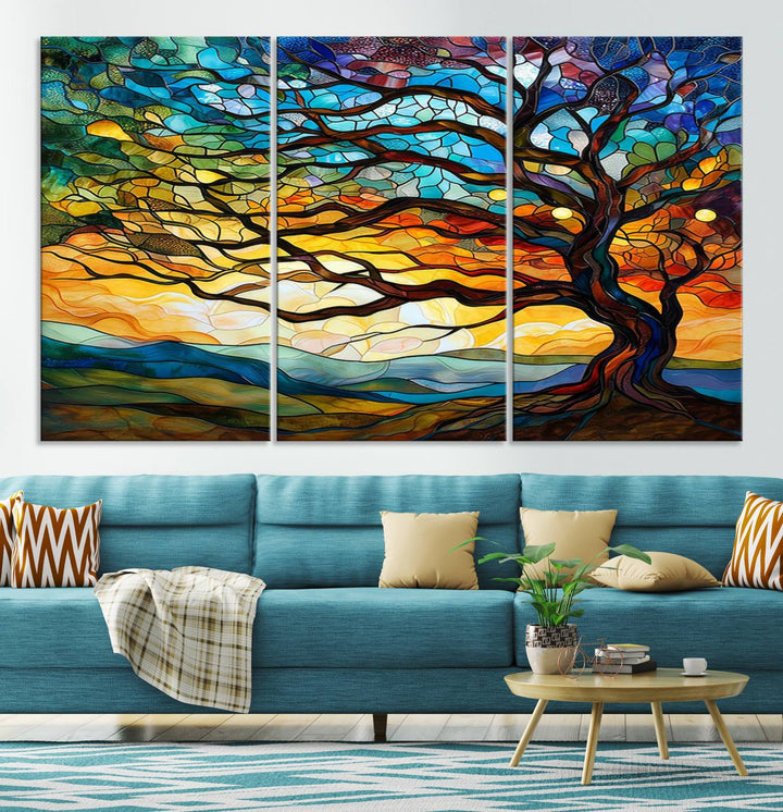 Vibrant Mosaic Tree of Life Wall Art | Stained Glass Style Canvas Print | Ready to Hang Artistic Decor