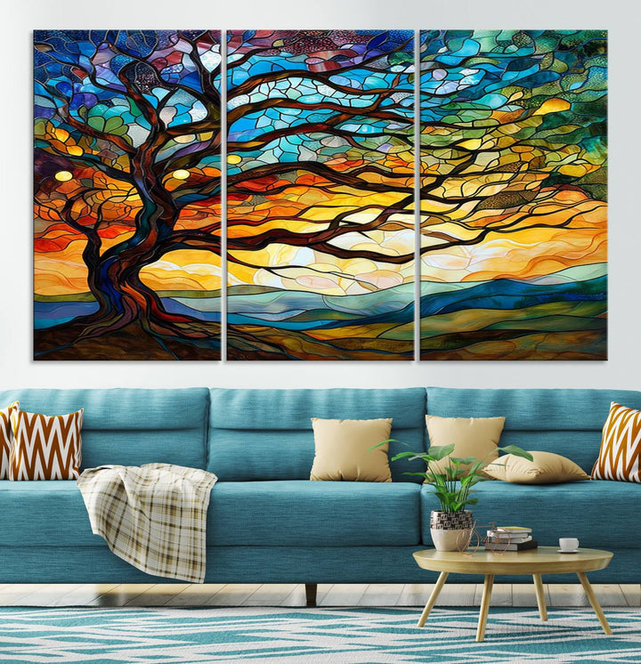 Mosaic Tree Wall Art | Ready to Hang Stained Glass Style Canvas Print | Farmhouse Wall Decor, Cabin Wall Art, and Unique Nature Home Decor