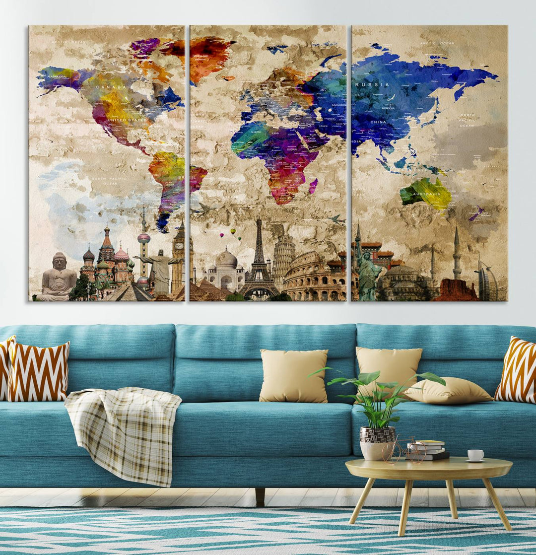 Artistic world map featuring landmarks like the Eiffel Tower, printed on premium wall art for office or living space.