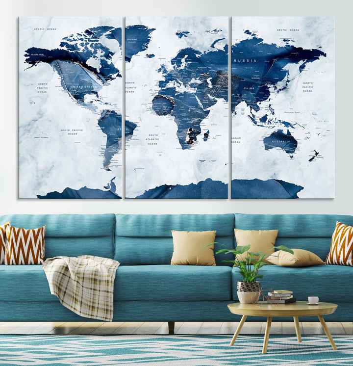 Navy Blue World Map with Antarctica Canvas: A perfect abstract home decor piece featuring a grunge-stained background.