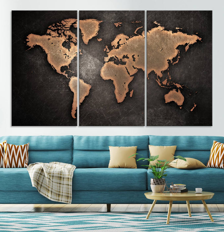 Maroon World Map Wall Art: Copper continents on a grunge-stained canvas, ideal for enhancing your decor.