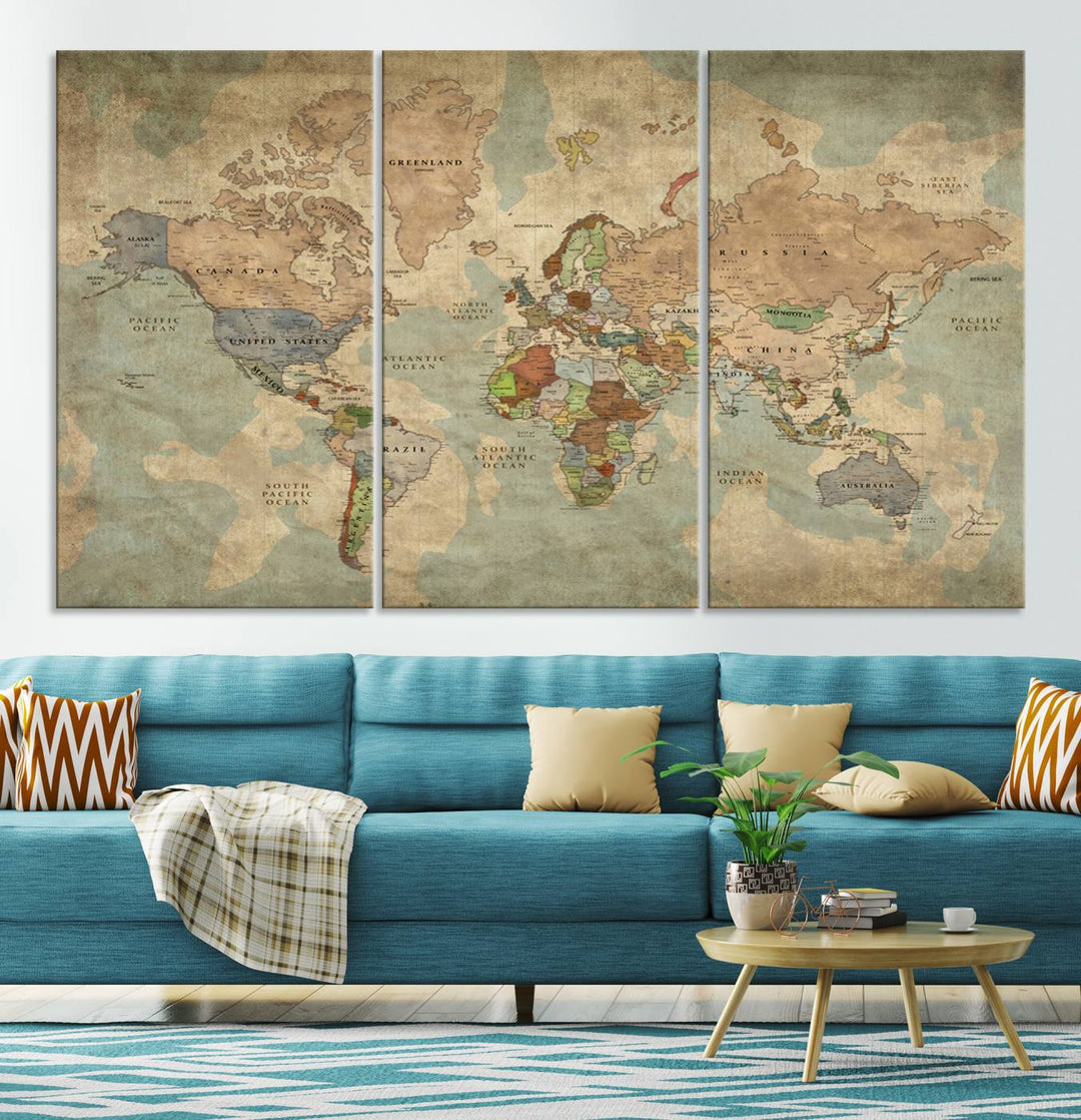 Vintage World Map Canvas Wall Art – Antique Triptych Map Print – Rustic Global Decor for Living Room or Office – Ready to Hang