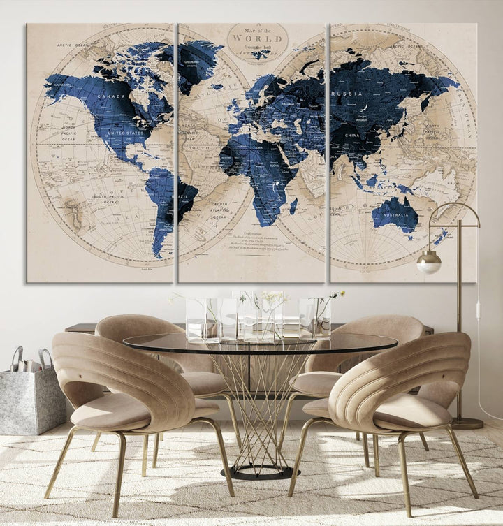 The Vintage Triptych Map Print is a grunge-stained blue and beige world map, perfect for enhancing wall decor.