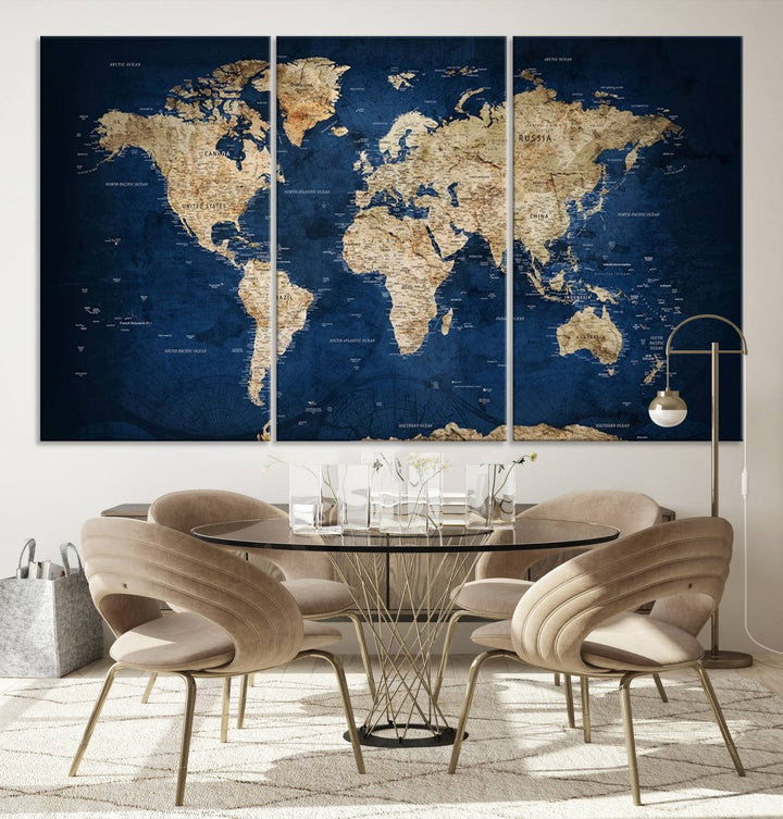 Classic Vintage Blue World Map Canvas Print featuring beige continents against a deep blue background.