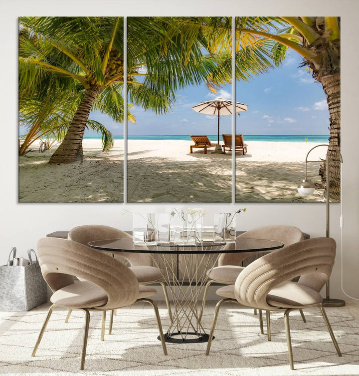 The canvas art print titled Lounge Chairs Palm Trees on Tropical Beach offers free shipping.