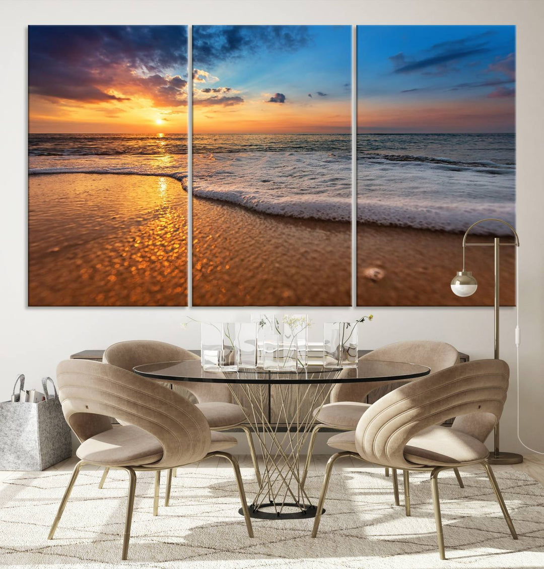 The Golden Sunset Beach Waves Triptych adds a modern coastal touch with its stunning seascape.