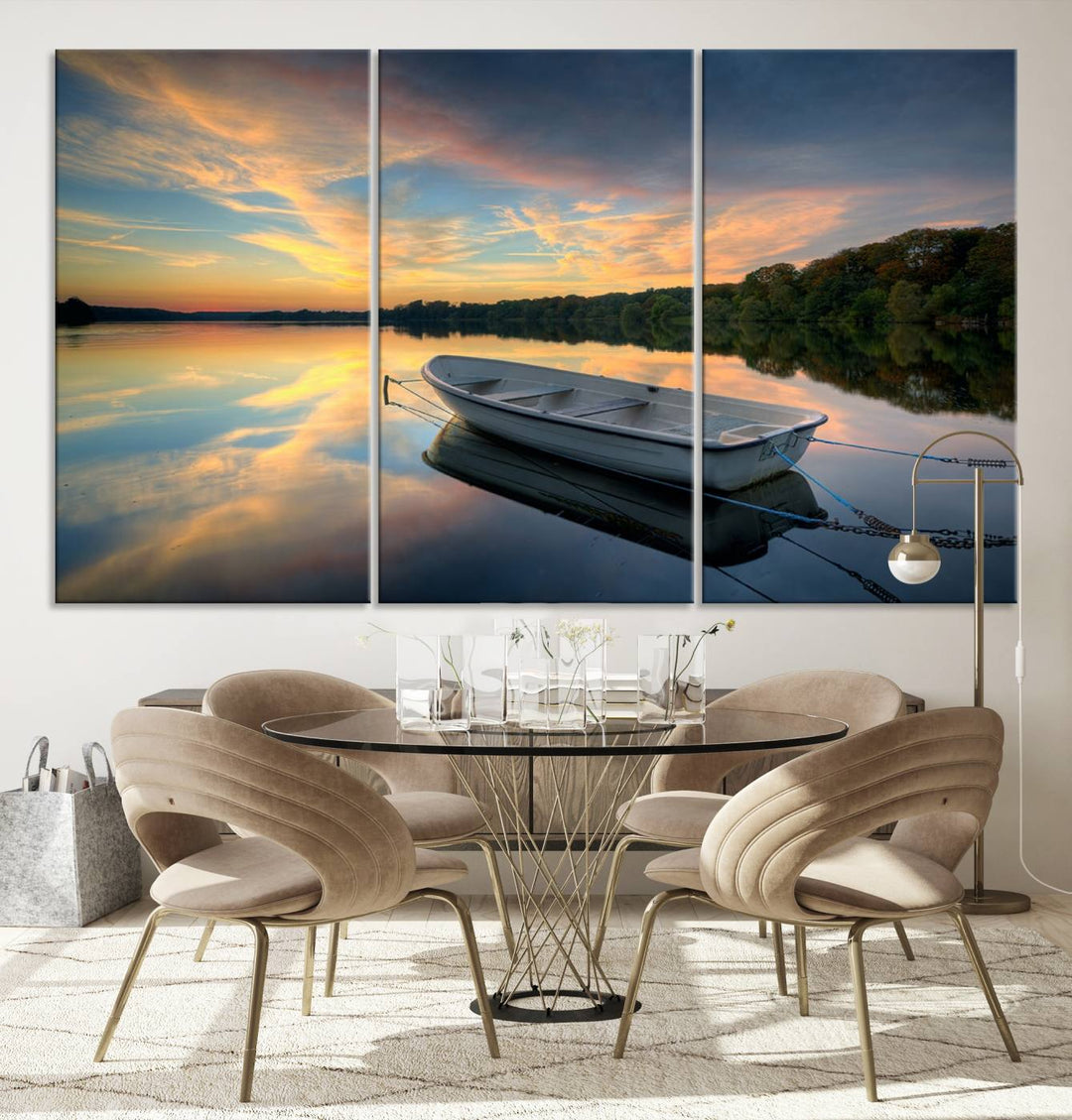 Serene Rowboat on Calm Lake Triptych Canvas Art, Giclee Wall Art of Peaceful Sunset Reflections, Tranquil Landscape Wall Art for Home or Office