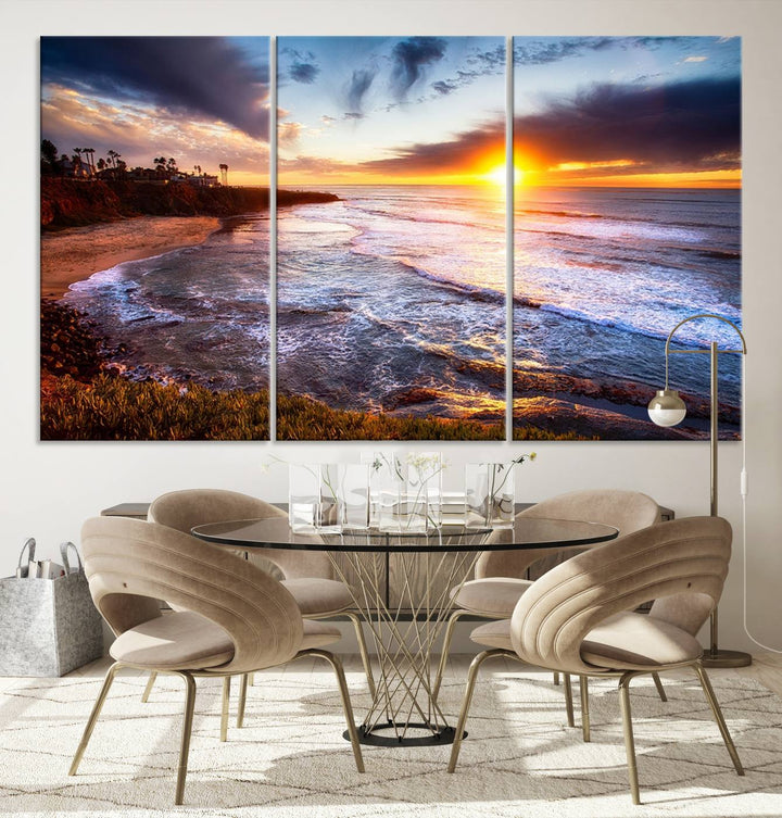 California Coastline Sunset Canvas Art, Ocean Waves Crashing on Cliffs, Giclee Canvas Print for Beach House Decor