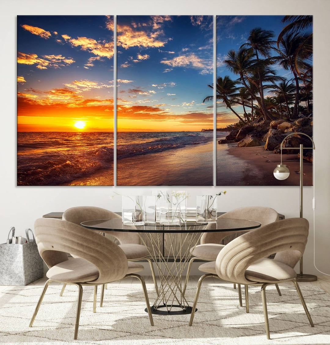 Tropical Beach Sunset Canvas Art, Palm Trees and Ocean Waves Wall Art, Giclee Print for Coastal Home Decor