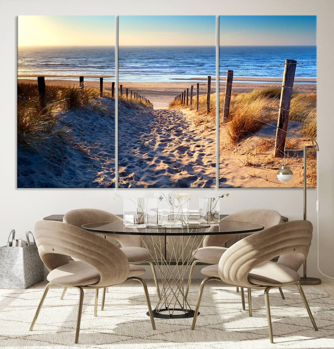 Tropical Beach Sunset Canvas Art, Ocean Waves and Sandy Shoreline Wall Art, Large Beach Decor for Coastal Homes