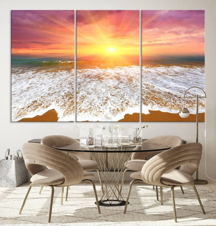 Golden Beach Sunrise 3-panel canvas art of ocean waves, hung on a wooden wall.