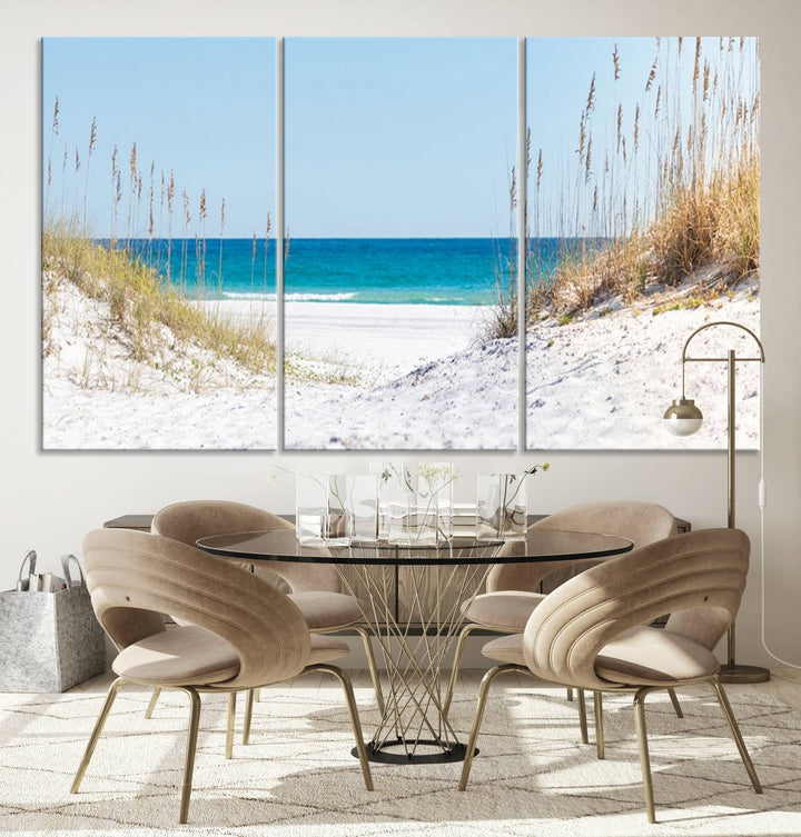 Serene Coastal Dune Path with Ocean View, 3-Panel Beach Canvas Art; tranquil seascape for coastal decor.