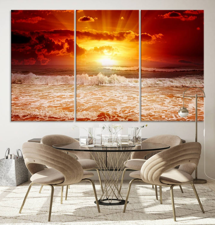 The Red Sunset Ocean Beach Canvas depicts ocean waves.