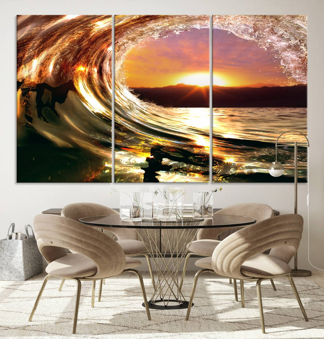 The Golden Wave Sunset Triptych Canvas Art showcases an ocean wave at sunset, casting warm light.