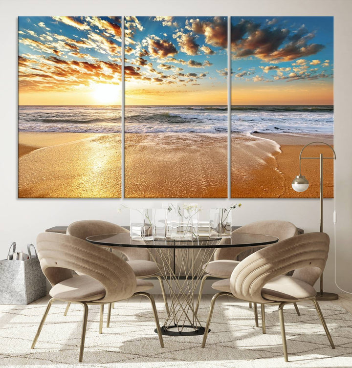 The "Golden Sunset Beach" triptych, a giclee canvas print showcasing Canon print quality, beautifully captures a serene beach sunset with waves lapping at the golden sand.