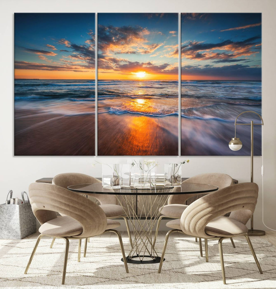 The Sunset on the Ocean canvas adds coastal ambiance to the wooden wall.