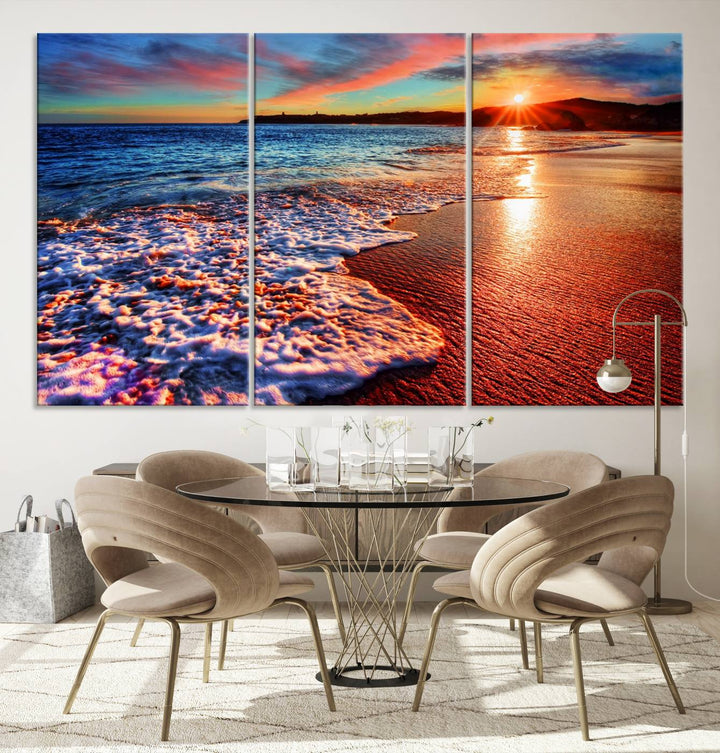 The Colorful Coastal Sunset on the Beach canvas print portrays ocean waves at dusk.