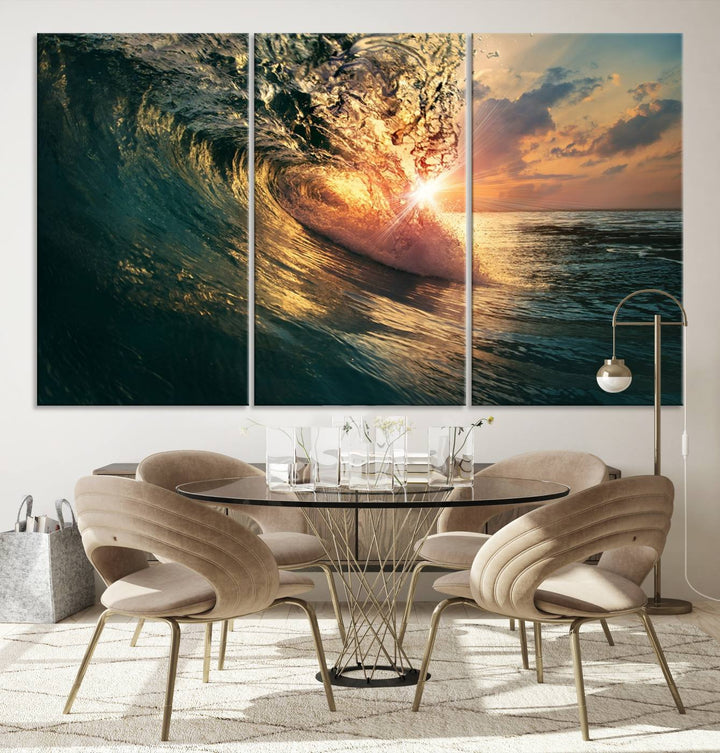 A triptych seascape titled Ocean Wave Sunset Canvas, featuring a stunning ocean view at sunset, is beautifully framed and ready to hang.