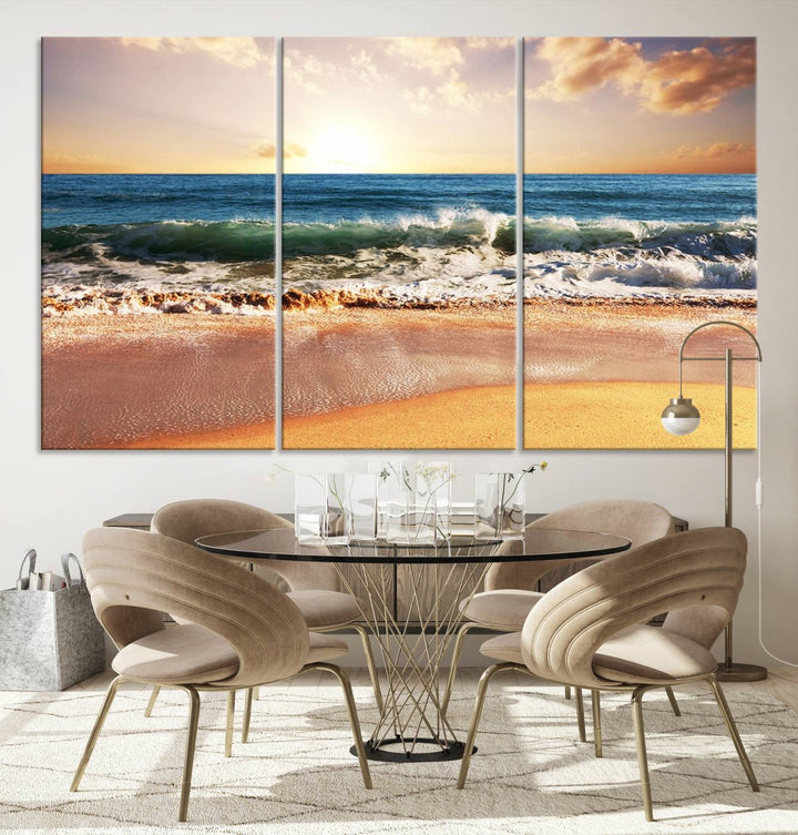 The wall features a Canon-quality Serene Beach Path canvas giclee print, depicting coastal dunes.