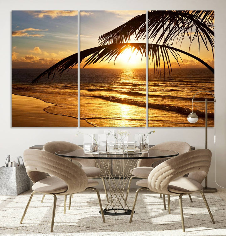 Golden Tropical Beach Sunset Canvas Triptych: Coastal Palm Art & Giclee Print with Gallery Wrap, capturing golden waves.