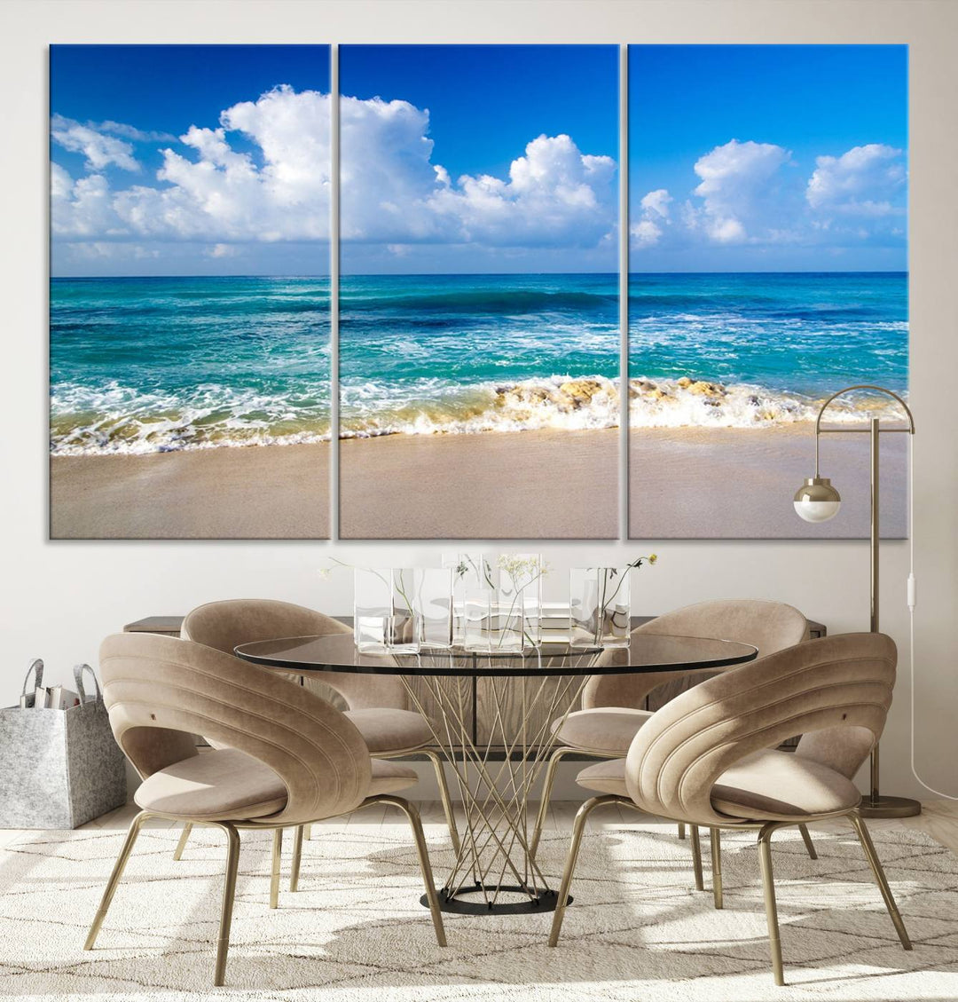 Tropical Beach 3-Panel Canvas Wall Art – Serene Ocean Waves and Blue Sky – Giclée Print for Living Room, Office, or Bedroom Coastal Decor