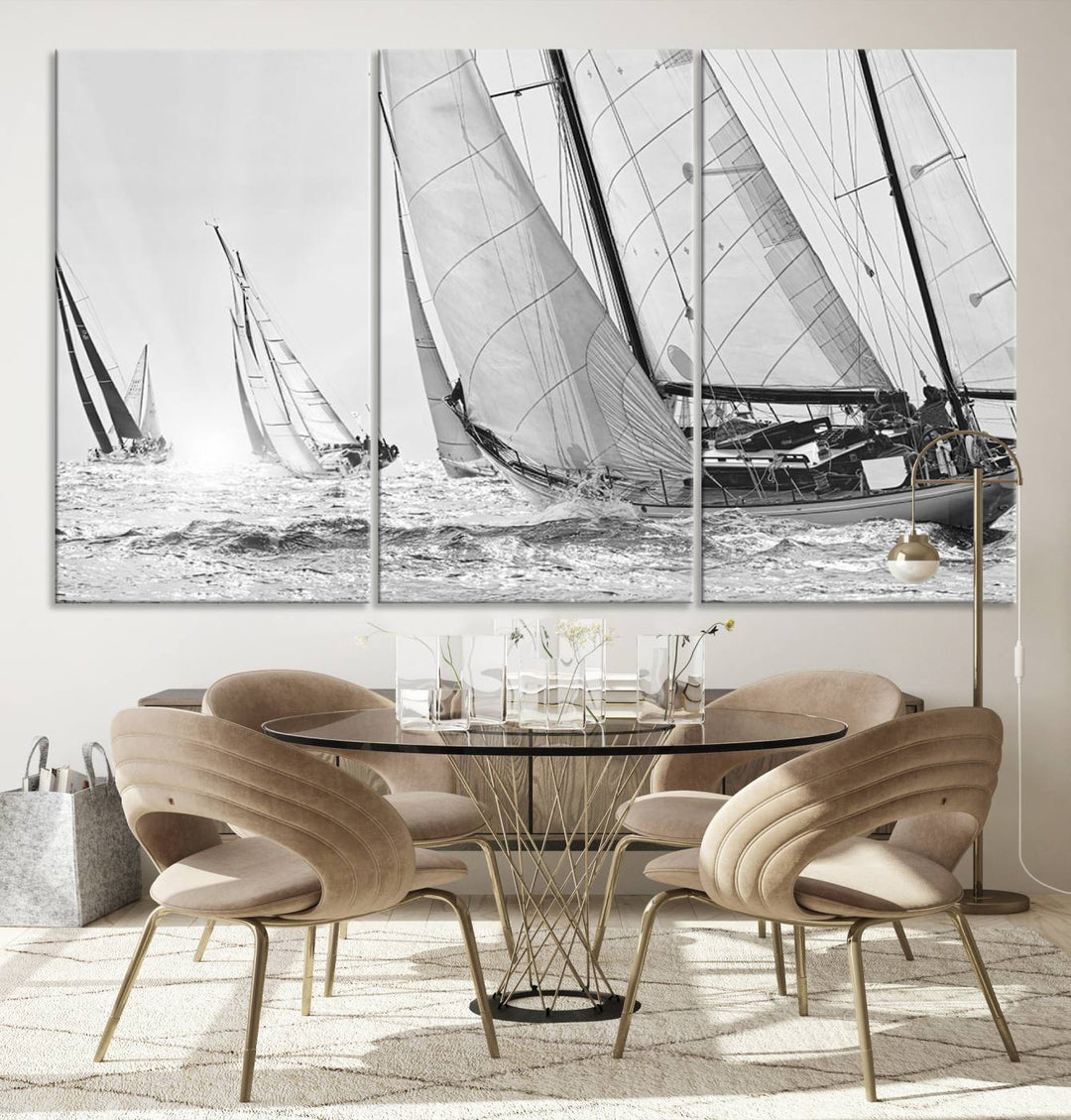 Yacht Sailboat Regatta canvas print on a textured wooden wall.