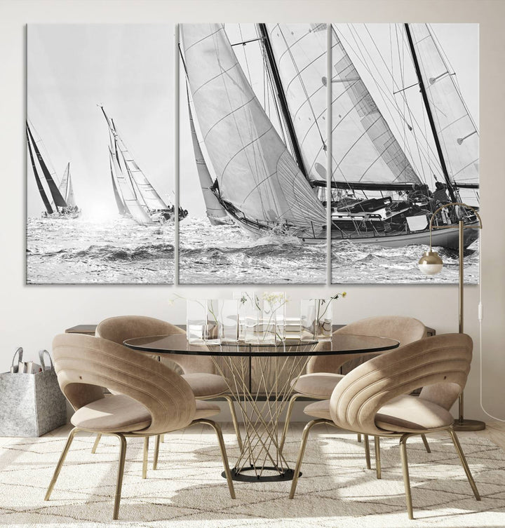 Yacht Sailboat Regatta canvas print on a textured wooden wall.