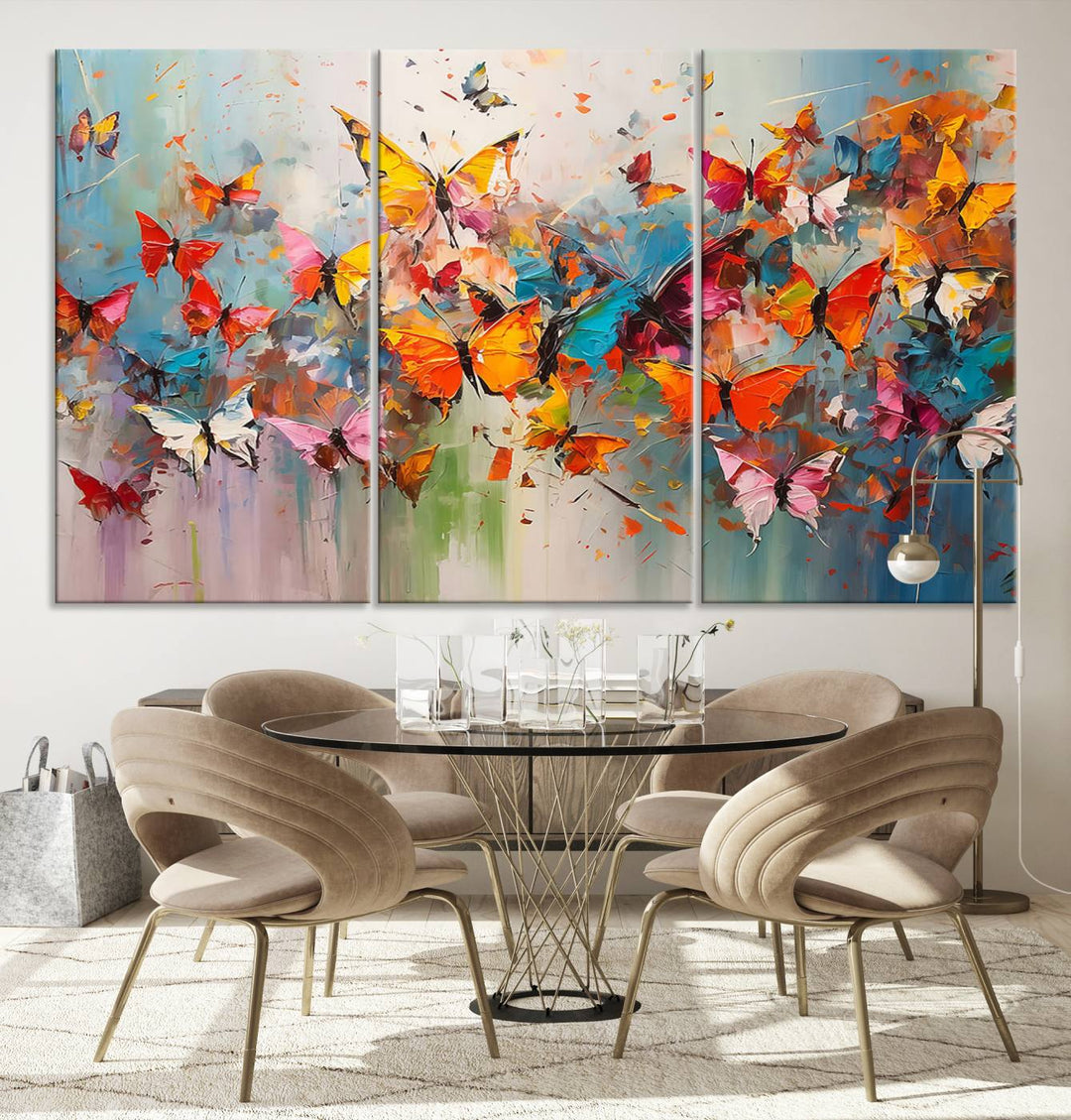 The Abstract Butterfly Wall Art Canvas Print hangs prominently, adding a touch of elegance and creativity to the room.