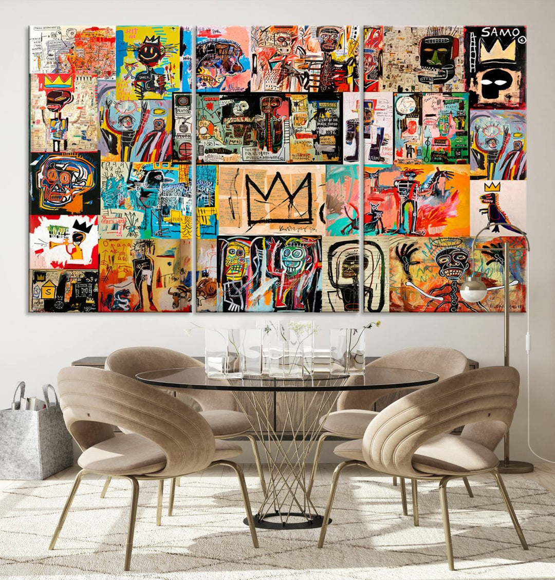 A Basquiat graffiti-style collage adorns the wall.