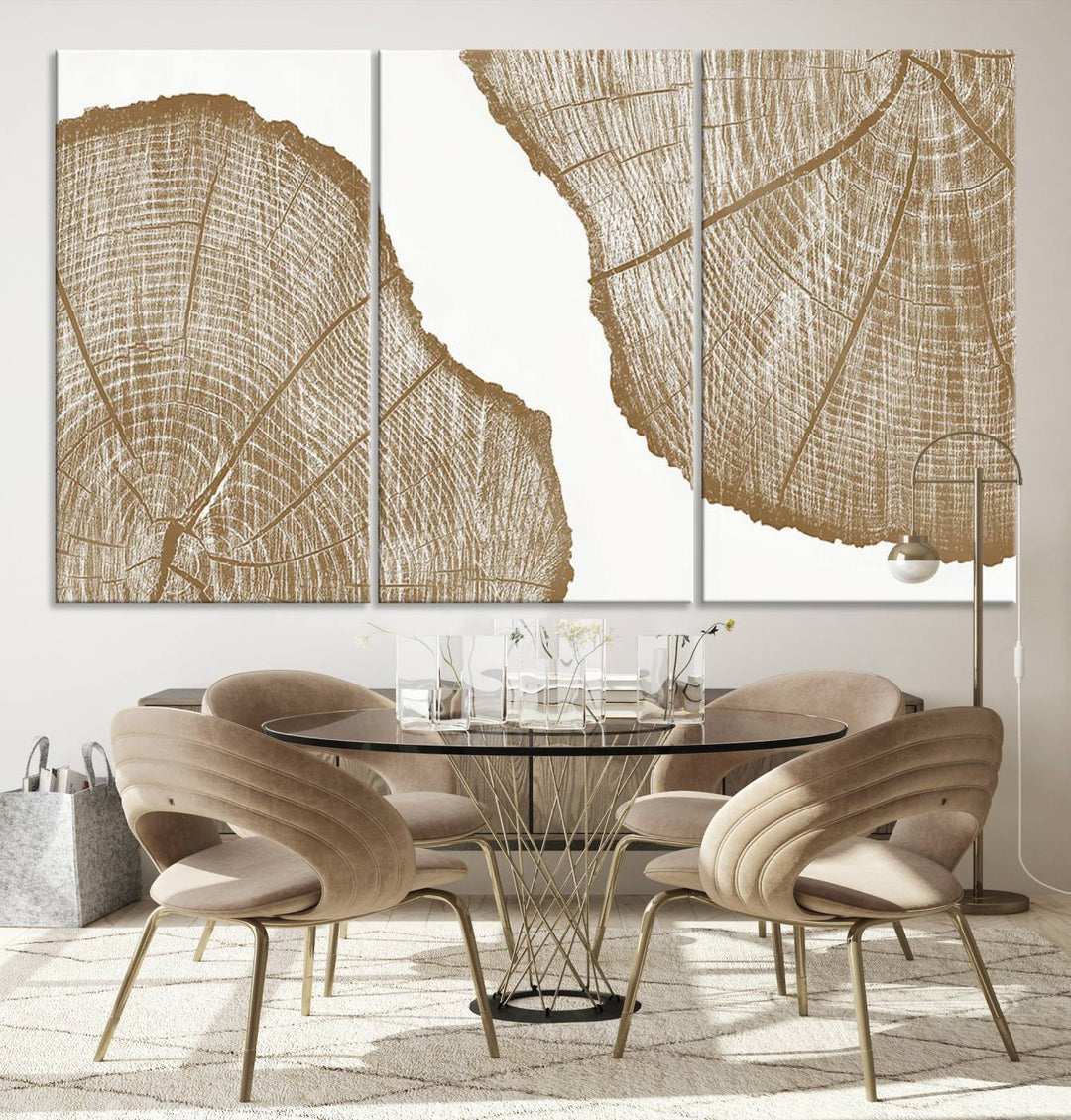 The rustic wall art features two large tree rings, beautifully framed and displayed to create a nature-inspired décor.