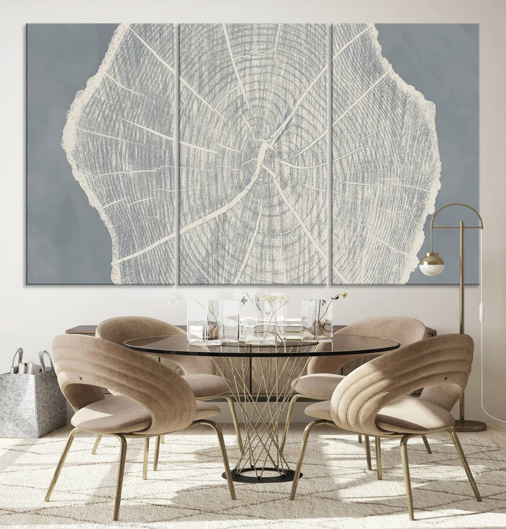 A gray wall displays the Abstract Tree Ring Wall Art print.